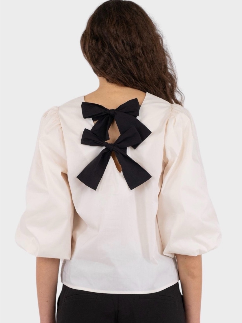 Ivory Puff Sleeve Top with Black Back Bow Detail